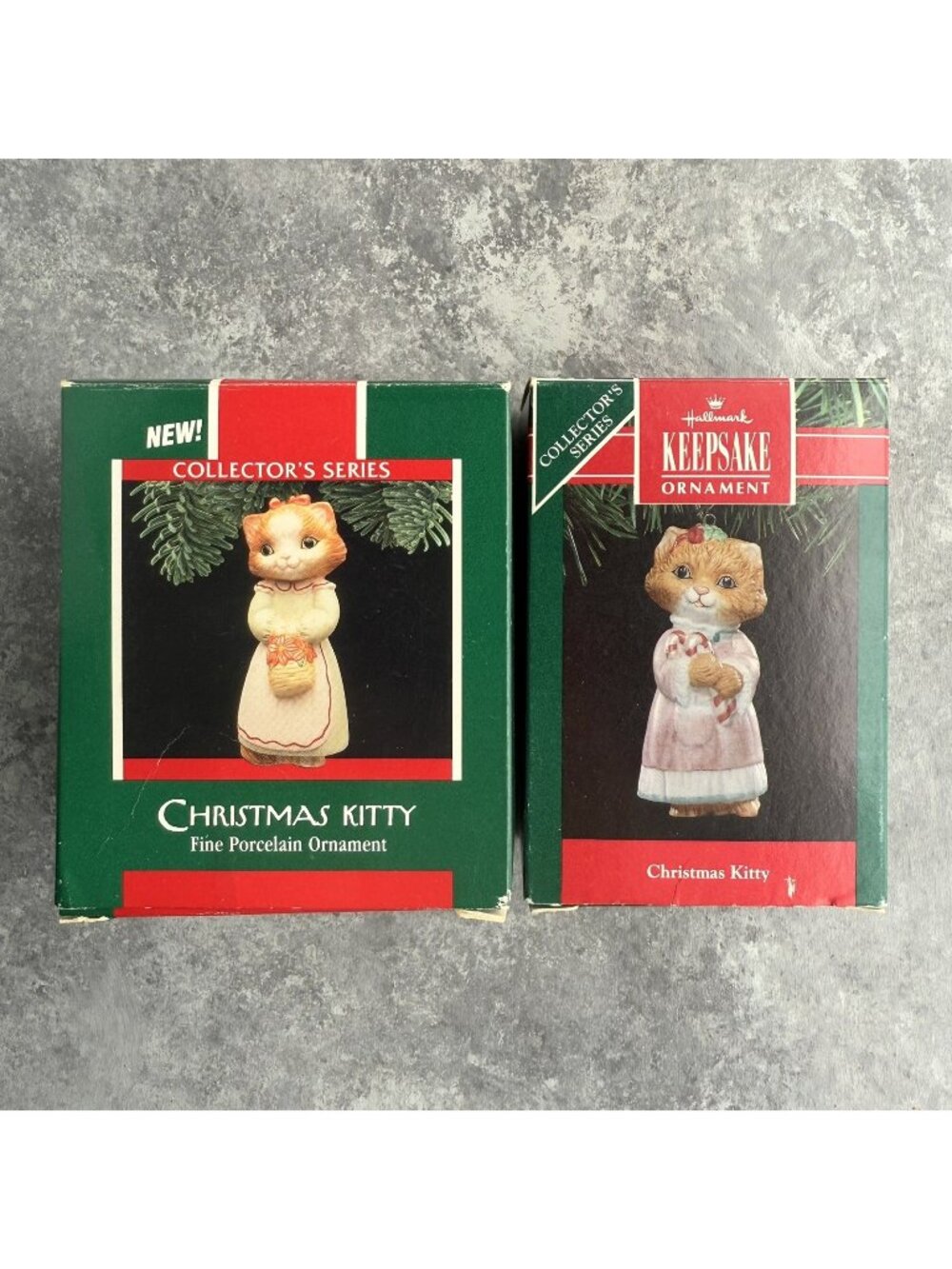 Lot of 2 Hallmark Ornaments Christmas Kitty 1989 & 1991 (#1 & #3 In Series)